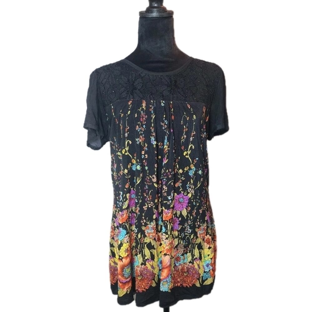 Whimsy Goth Floral Black Women's Top Beaded Lace Short Sleeve Flared